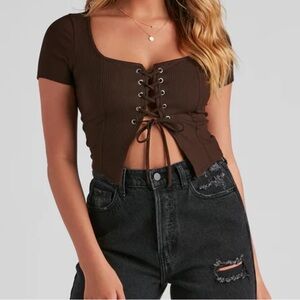 Windsor Brown Drawn In Ribbed Crop Top
